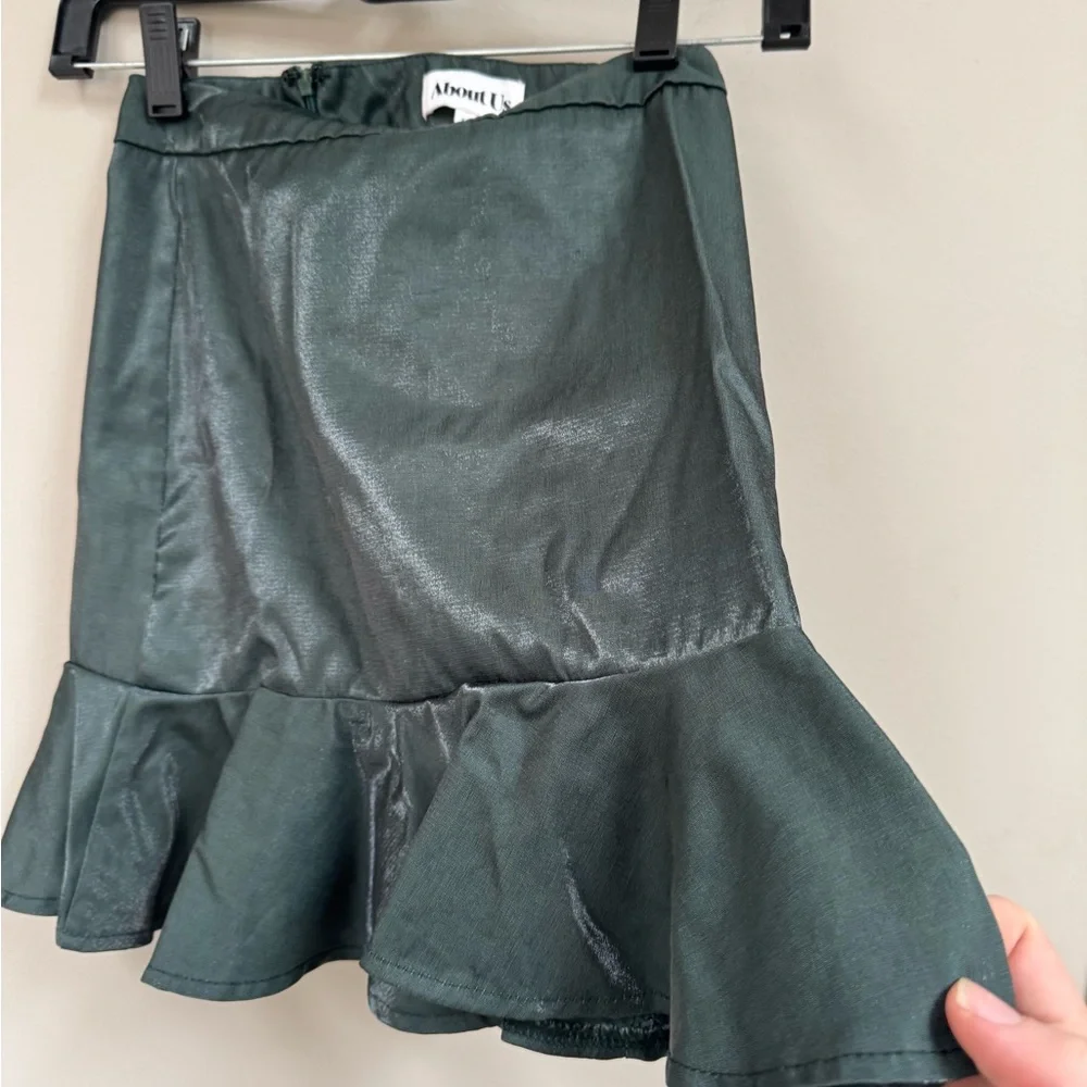 Anthro About Us Lorraine Ruched Skirt XXS Metallic Green Mini Party Skirt